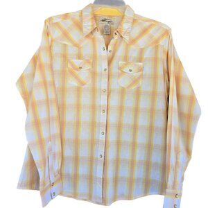 Wrangler Women Yellow & White Plaid Westerncore Shirt XL 100% Cotton Cottagecore